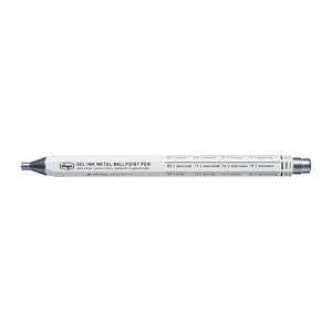 A white metal ballpoint pen with a silver cap. The pen has multiple languages printed on it, including English, French, Spanish, Italian, and German.