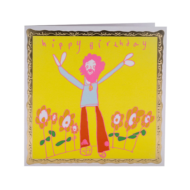 Yellow greetings card with a playful drawing of a person in Hippy clothing surrounded by flowers.