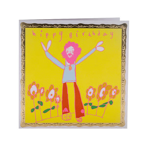 Yellow greetings card with a playful drawing of a person in Hippy clothing surrounded by flowers.
