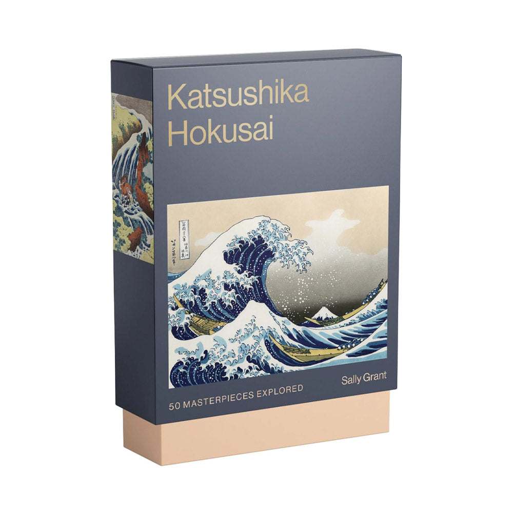 A card set featuring 50 masterpieces by Katsushika Hokusai. The packaging showcases a vibrant image of "The Great Wave" on a blue background. 