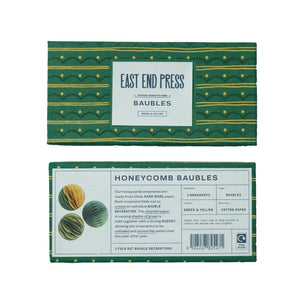 The front and back of a packaging box for a set of paper bauble decorations. The front of the box features the product name and a small image of the baubles. The back of the box provides additional information about the product, including the materials used, the dimensions, and care instructions. 