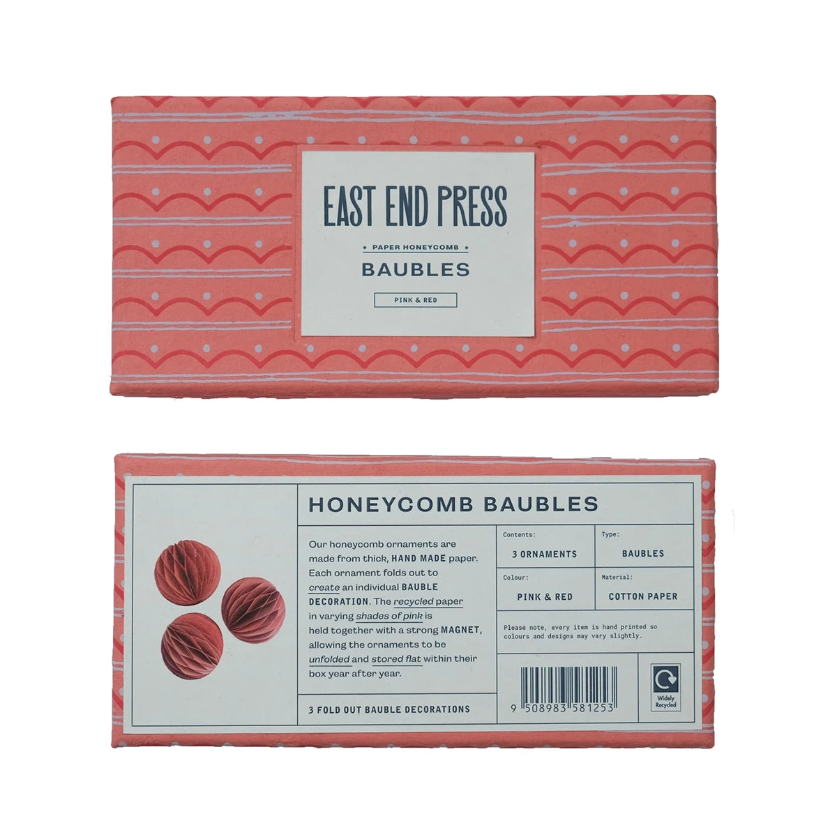 The front and back of a packaging box for a set of paper bauble decorations. The front of the box features the product name and a small image of the baubles. The back of the box provides additional information about the product, including the materials used, the dimensions, and care instructions. 