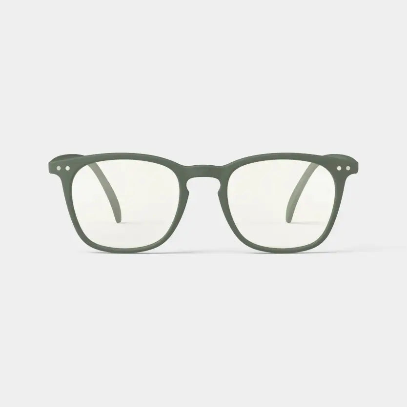 Green reading glasses against a white background.