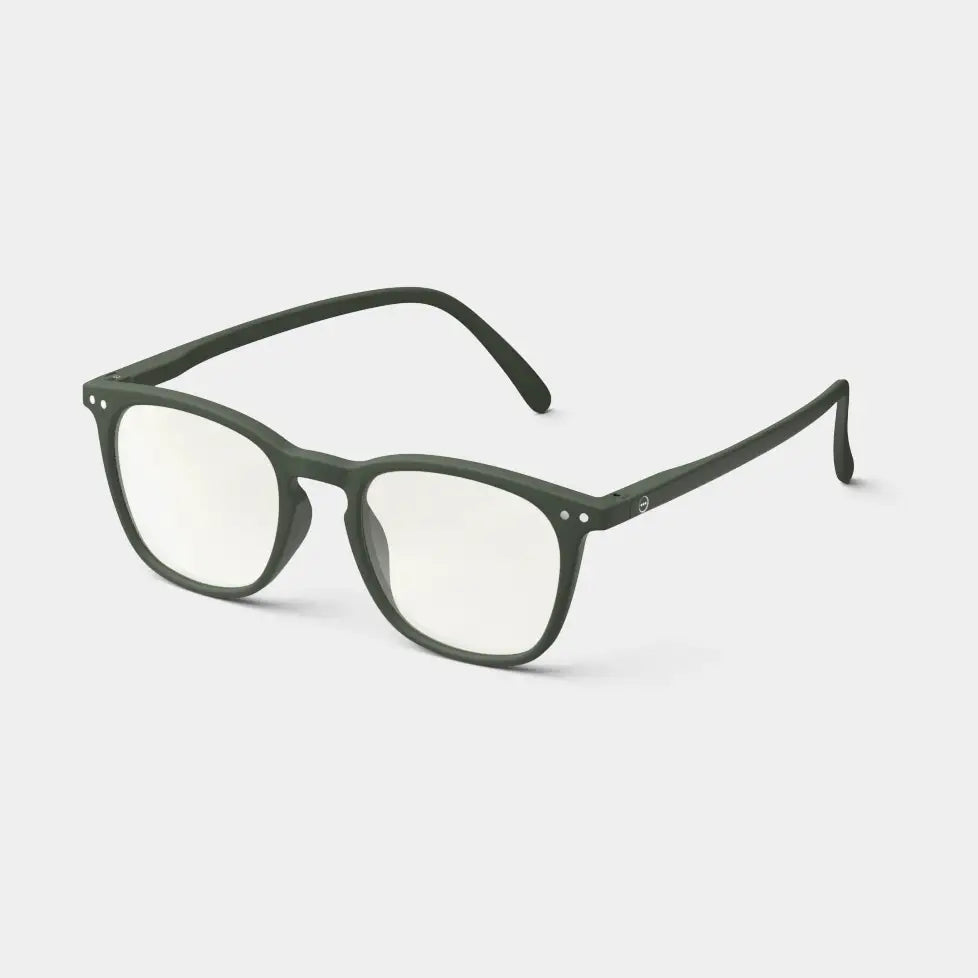 Green reading glasses against a white background.