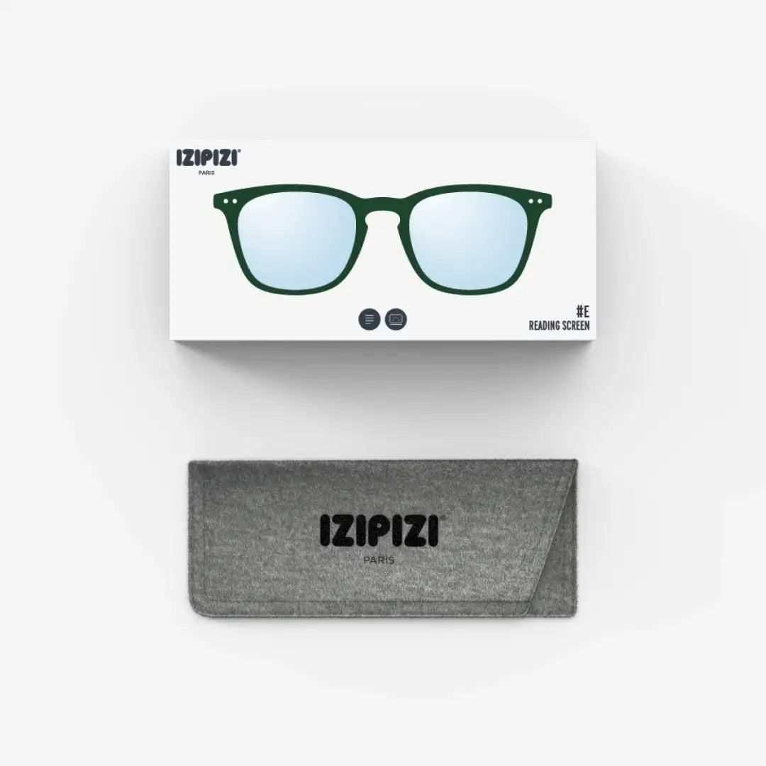 Packaging for the glasses including a grey fabric case.