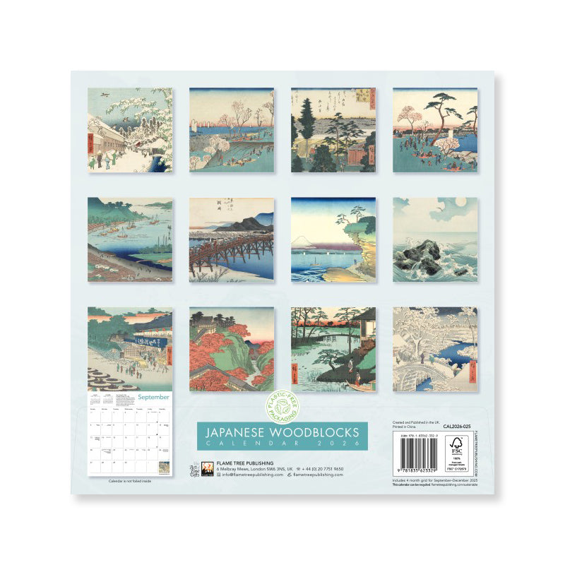 Calendar with Japanese woodblock prints on a white background