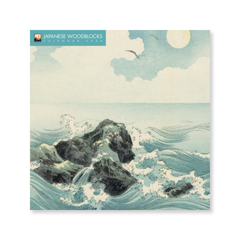 Calendar cover with Japanese woodblock-style artwork of waves and rocks.