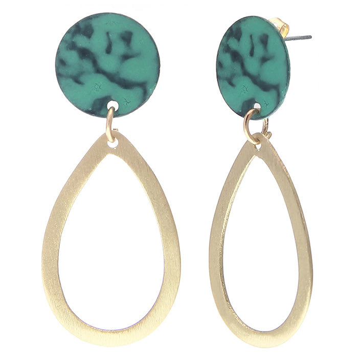 Earrings against white background. Each earring has a circular green piece a the top and an oval gold piece attached to it below.