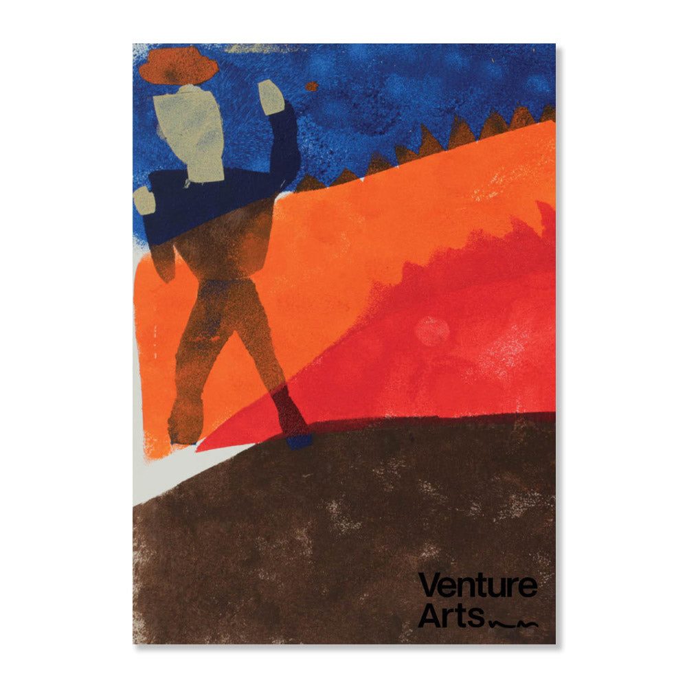Front cover of zine by Josh Brown with an abstract figure in the top left corner, and the Venture Arts logo in the bottom right corner.