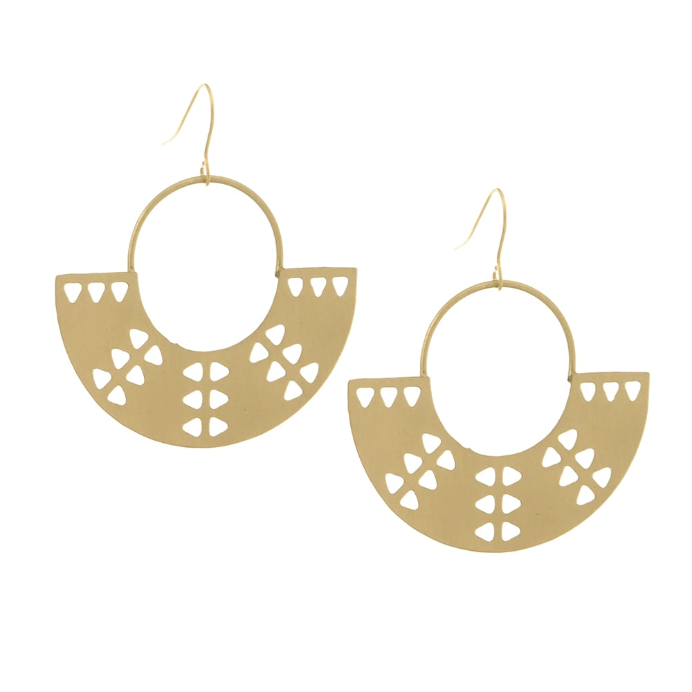 Brass earrings with a flat semi-circle, half disc, fan, drop dangle design with dispersed slits