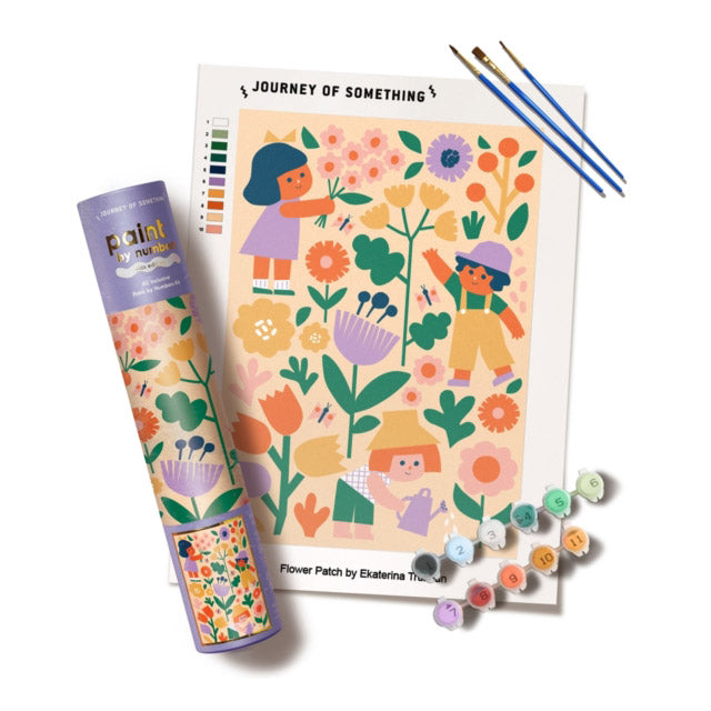 Paint by numbers set featuring a cheerful flower patch scene with children and colourful flowers. Includes paints, brushes, and a canvas.