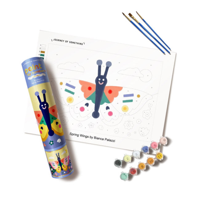 Paint by numbers set featuring a cheerful butterfly with flowers. Includes paints, brushes, and a canvas.