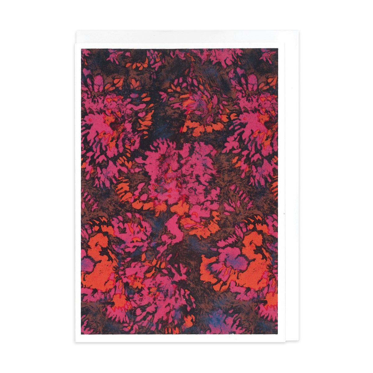 Greetings card featuring red and pink floral design by Shirley Craven, with a white envelope.