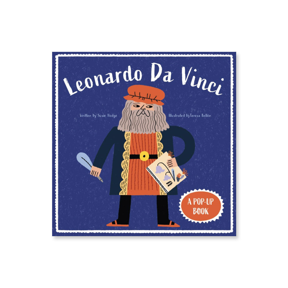 Front cover of a children's book with a cartoon illustration of Leonardo Da Vinci