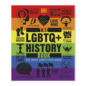 Rainbow covered book with different silhouetted symbols