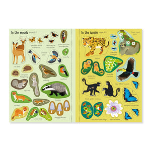 Inside page of sticker book with different illustrated stickers of woodland creatures