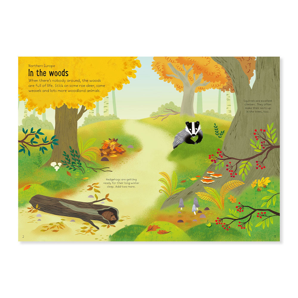 Inside page of a sticker book featuring an illustration of a badger in the woods