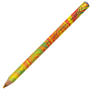 A colourful, marbled pencil with a yellow, red, and green pattern. 