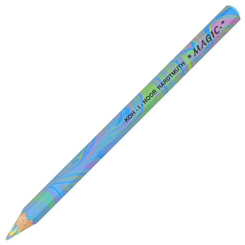 A colourful, marbled pencil with a blue and green pattern. 