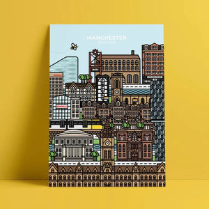 Colorful illustration of the Manchester skyline in a pixel art style. It features iconic buildings like the Beetham Tower, Manchester Town Hall, and the Bridgewater Hall. The text "Manchester, England" appears at the top of the image.