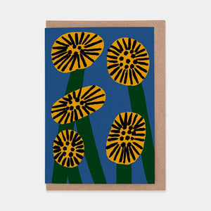 This is the same blue greetings card with five stylised yellow flowers and dark green stems