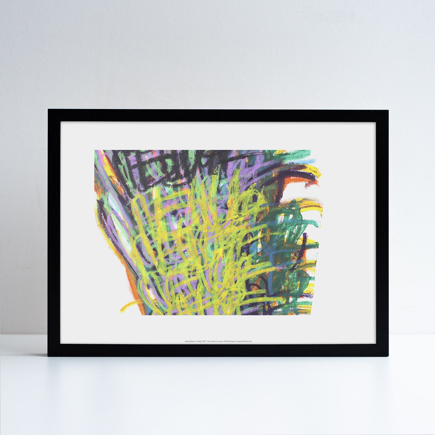 Reproduction of an abstract artwork by Michael Beard. Placed in a black frame.