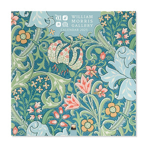 Cover of 2025 calendar featuring blue and pink floral design by William Morris