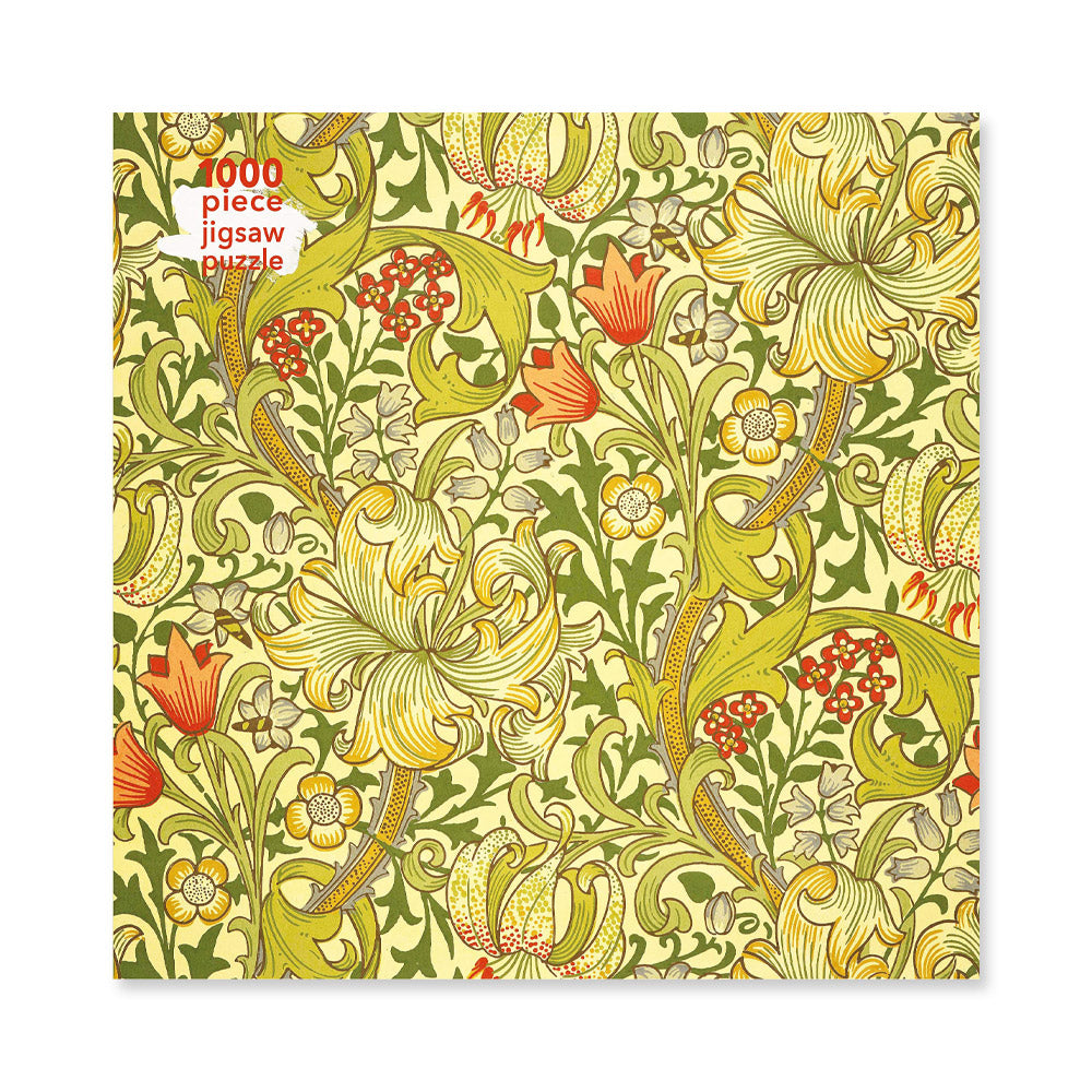 Front cover of box for jigsaw puzzle featuring William Morris Golden Lily floral design.