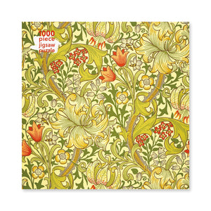 Front cover of box for jigsaw puzzle featuring William Morris Golden Lily floral design.