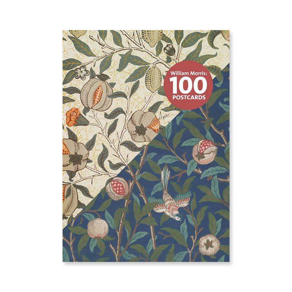 Front cover of box of postcards, featuring two if William Morris' floral designs.