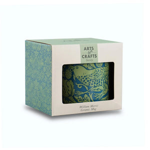 Ceramic mug with bird design in a 'William Morris' pattern, housed in a decorative box with 'Arts & Crafts Society' branding.