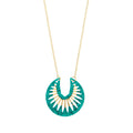 A green and brass circular pendant with the chain attached on either side of the nearly closed circle.