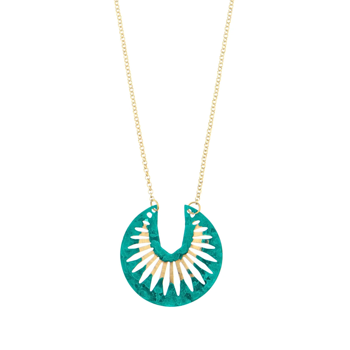A green and brass circular pendant with the chain attached on either side of the nearly closed circle.
