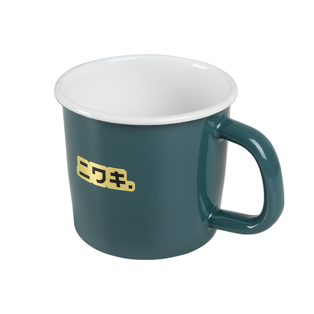 Blue enamel mug against white background