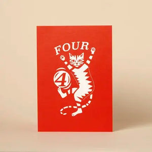 Red card with white cat design and number '4' on a beige background