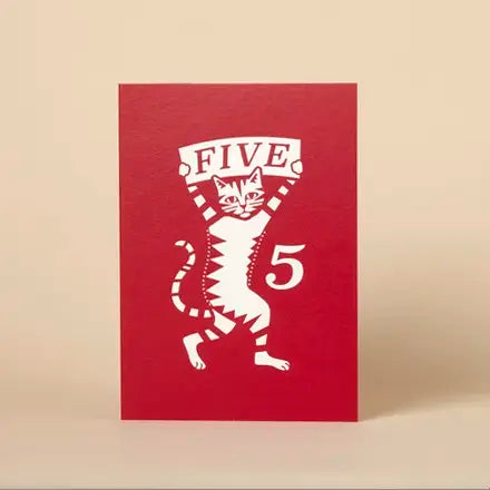 Red card with a white cat illustration and 'FIVE' text on a beige background