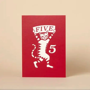 Red card with a white cat illustration and 'FIVE' text on a beige background