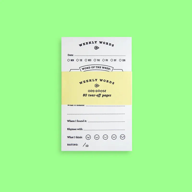 Notebook with 'Weekly Words' and 'Odd Goose' on a green background