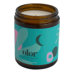 Candle in Jar with Olor blue branding. White background.