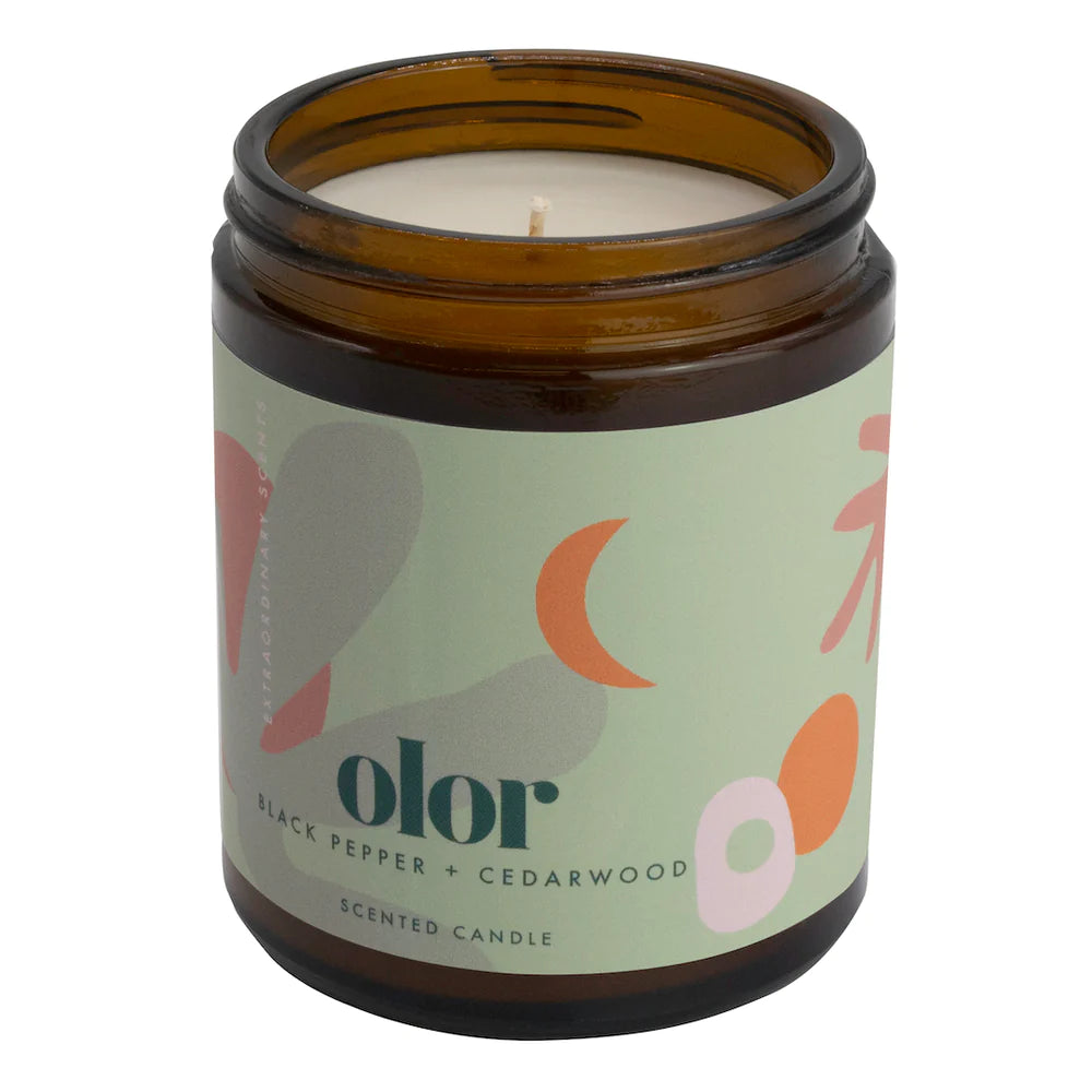 Candle in Jar with Olor green branding. White background.
