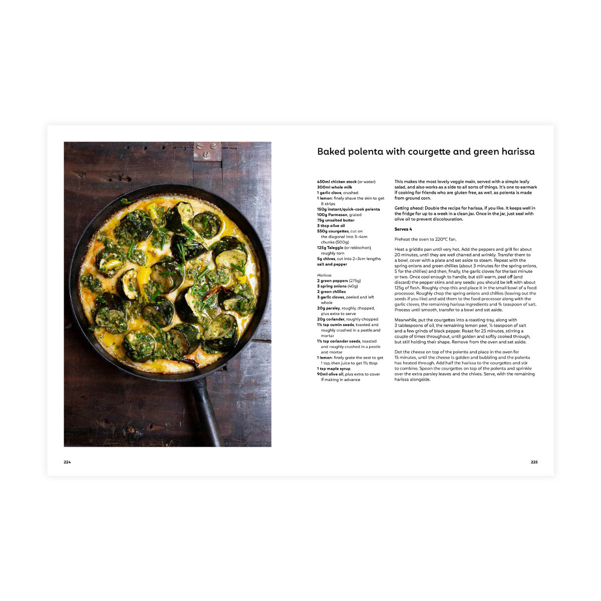 Inside of book featuring recipe of Baked polenta with courgette and green harissa.