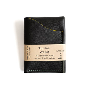 Black leather wallet with a beige label on a white background