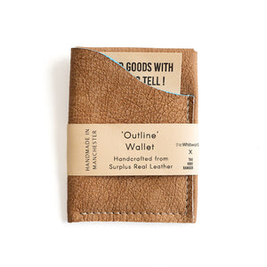 Brown leather wallet with a label on a white background