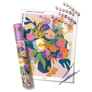 Paint by numbers set featuring a colourful and abstract flower bouquet. Includes paints, brushes, and a canvas.