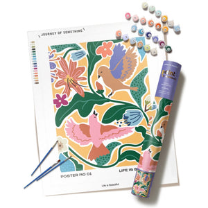 Paint by numbers set featuring a colourful bird and flower design. Includes paints, brushes, and a canvas.