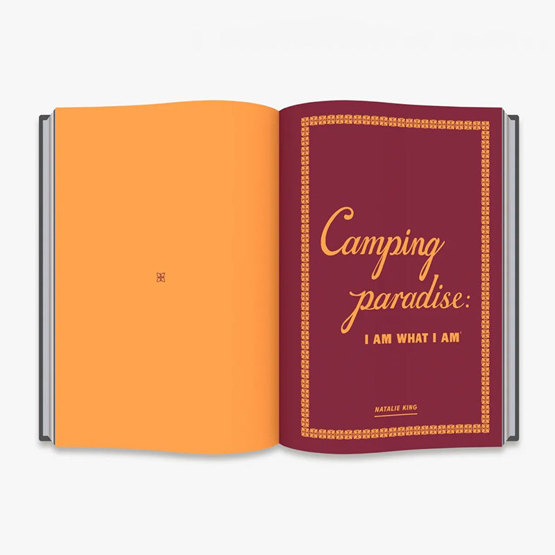 Inside pages of book. Left page is a block orange colour. The right page reads 'Camping Paradise' in orange font and a red backdrop.