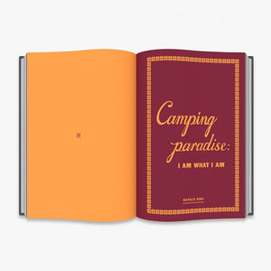 Inside pages of book. Left page is a block orange colour. The right page reads 'Camping Paradise' in orange font and a red backdrop.