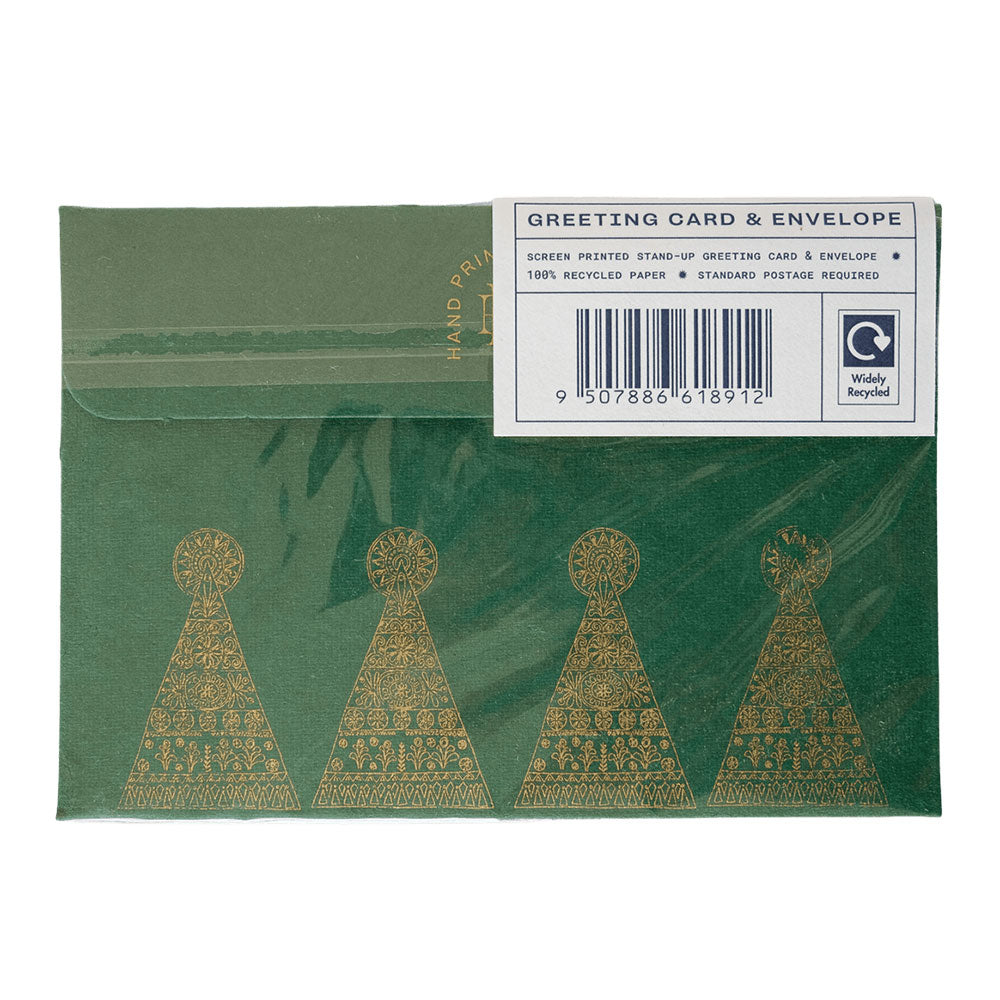 Green envelope with gold Christmas Trees designs