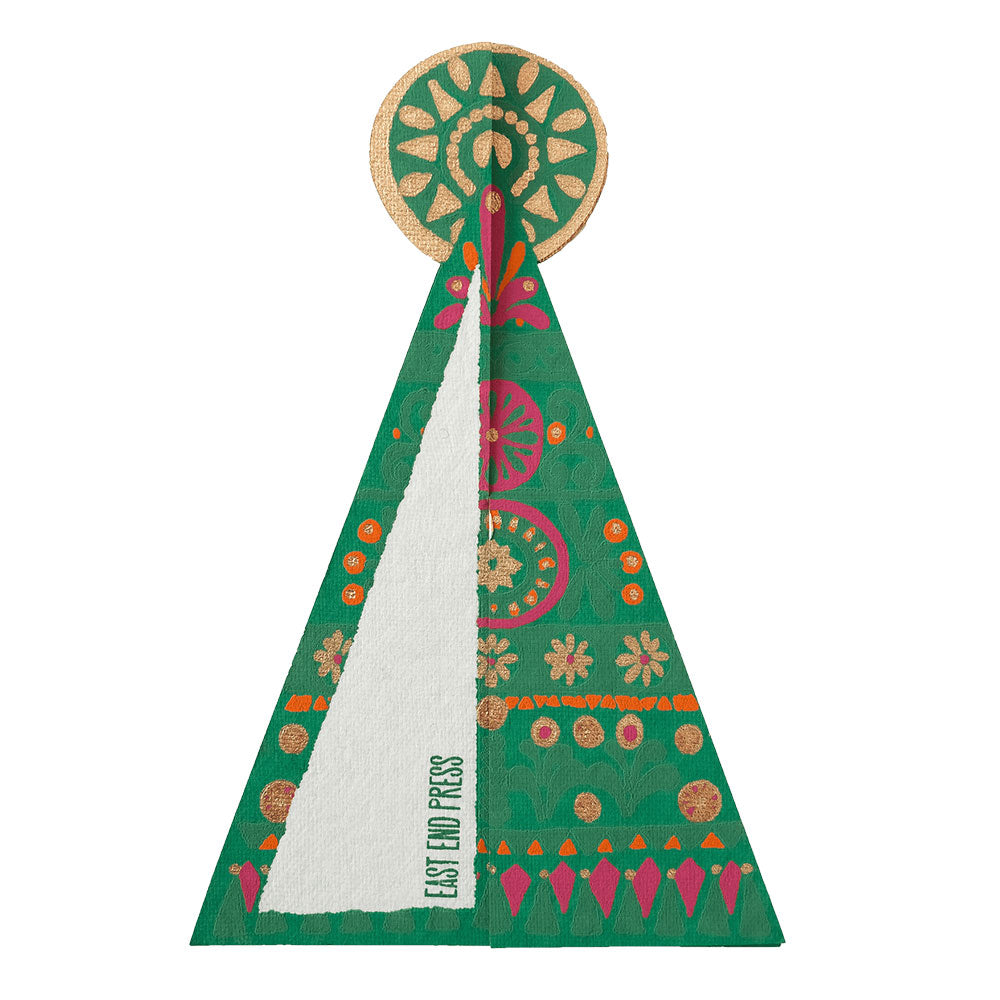 Tree greeting card ornament against a white backdrop