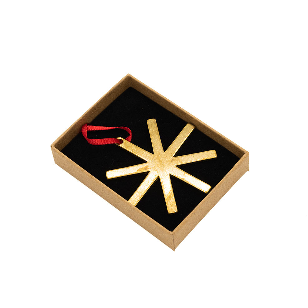 Brass decoration in the shape of a star with red ribbon. Inside a box.